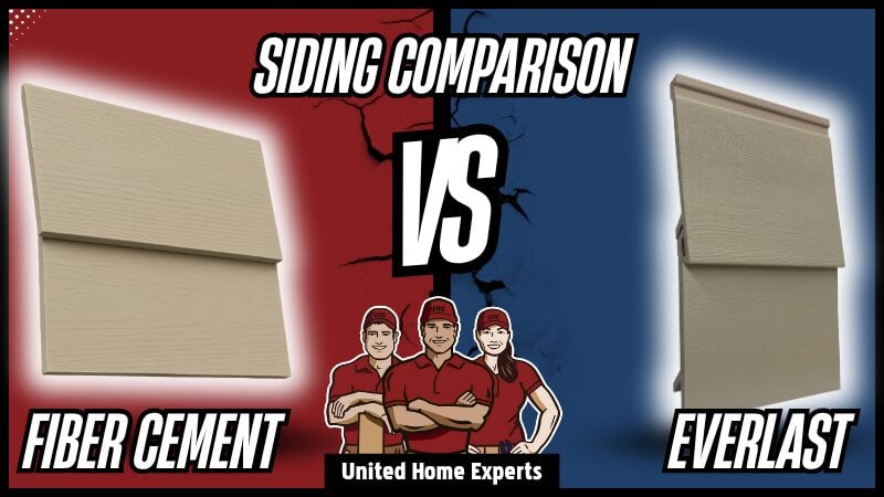 Side-by-side comparison of Everlast Composite Siding and Fiber Cement Siding installed on New England homes by United Home Experts®.