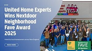 United Home Experts team celebrating their 2025 Nextdoor Neighborhood Fave Award for roofing, siding, windows, and doors in New England.